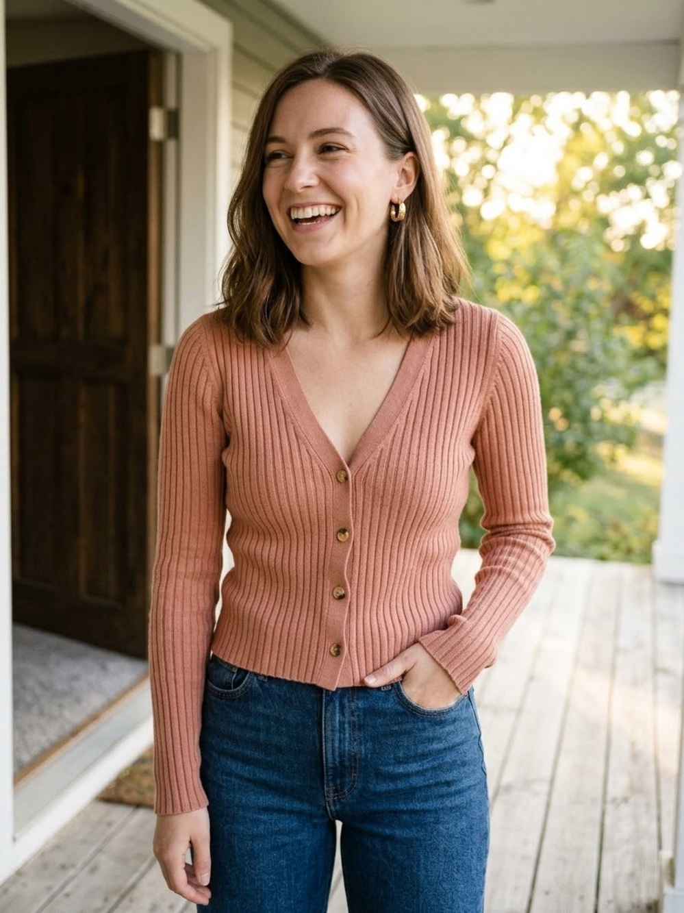 Aritzia Wilfred Ribbed V-Neck Cardigan Dusty Rose Peach Knit Top Size M